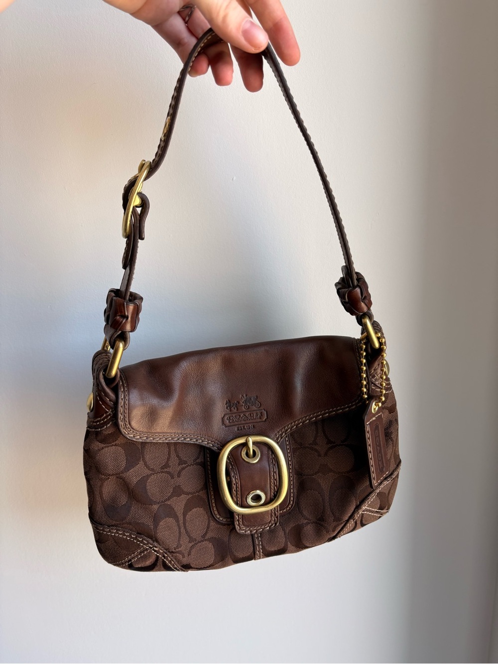 Coach Brown Signature Canvas & Leather Shoulder Bag with Brass Buckle